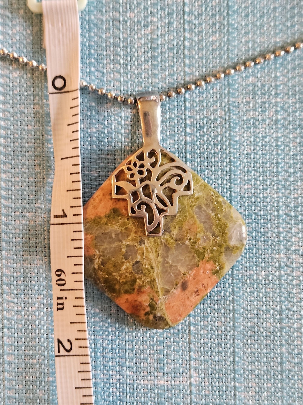Unakite Crystal And Sterling Silver Pendant Necklace With Adjustable Clasp